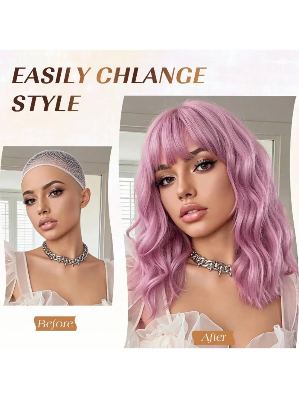 Women's Dirty Pink 14 Inch Natural Synthetic Short Curly Wavy Fiber Wigs